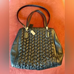 COACH Large Black Leather Woven Detail Double Handle Handbag with Shoulder Strap